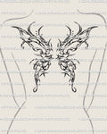 Thorn fairy wings tattoo stencil shown on women’s upper back placement with darker organic wing shapes and pointed edges