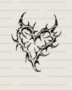 Thorn heart tattoo stencil in gothic blackwork style, showing bold neotribal spikes shaped into a heart for clean digital stencil transfer.