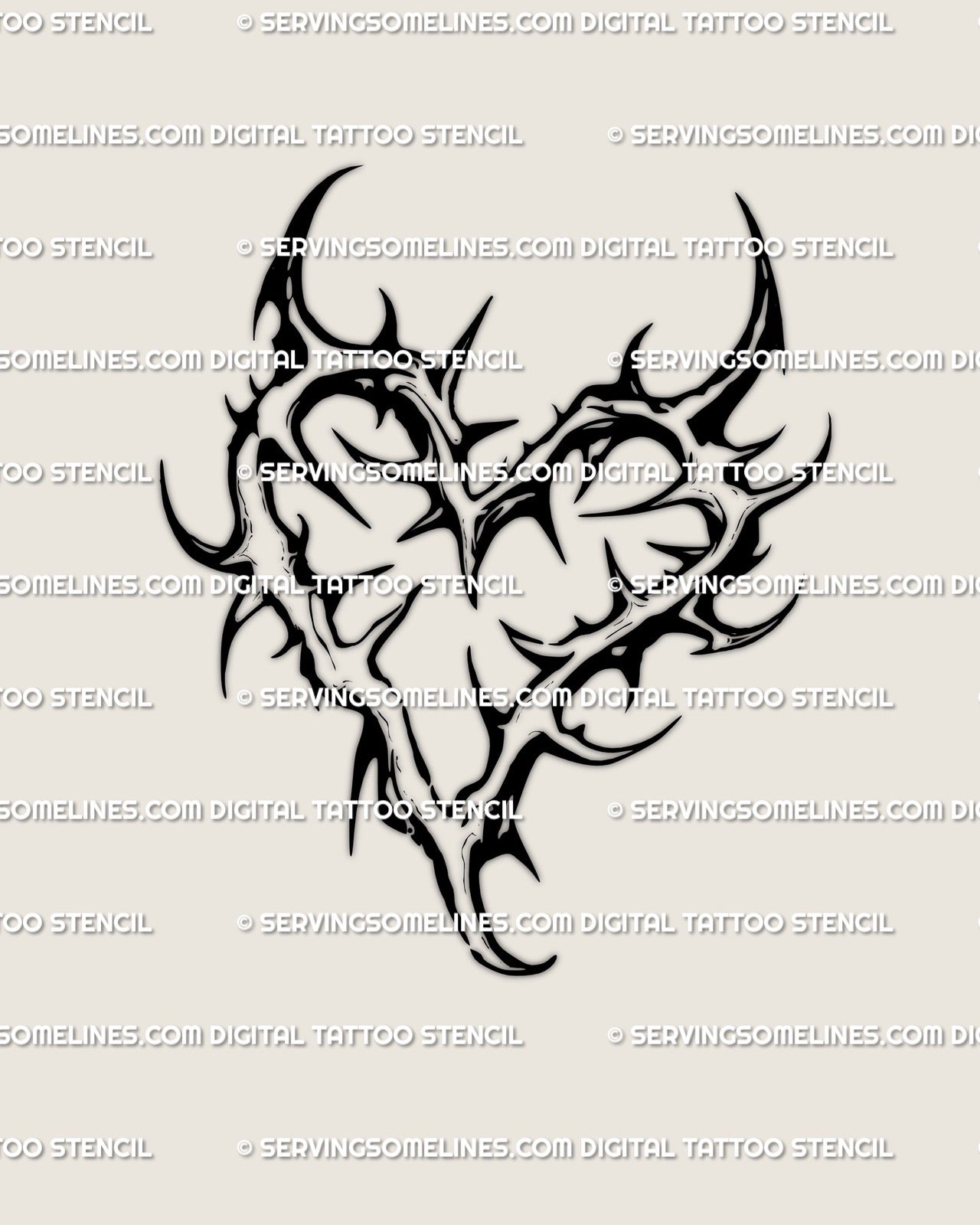 Thorn heart tattoo stencil in gothic blackwork style, showing bold neotribal spikes shaped into a heart for clean digital stencil transfer.