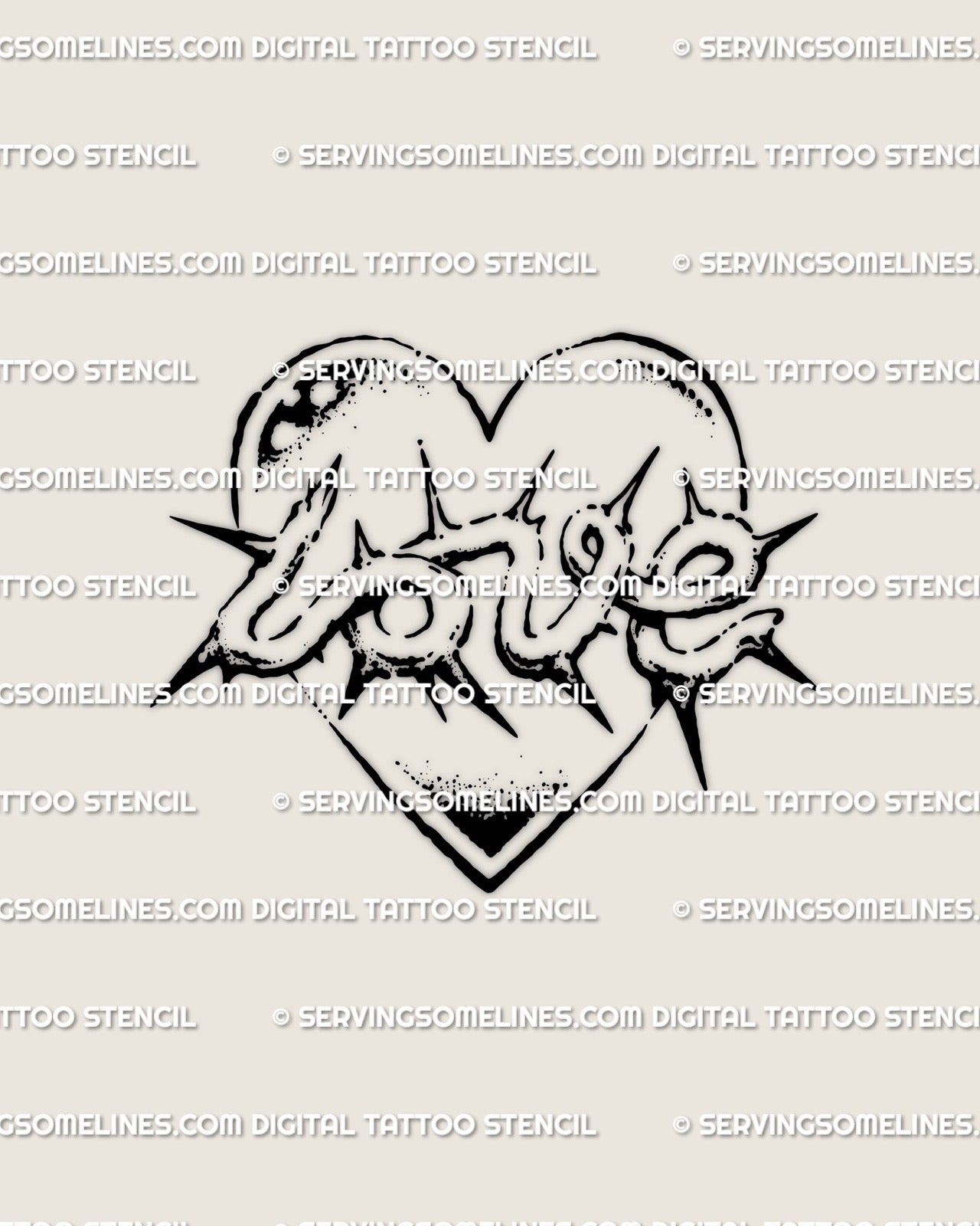 Thorn and spiky style LOVE lettering tattoo stencil with grunge heart outline and distressed script texture for edgy emo word tattoo ideas.