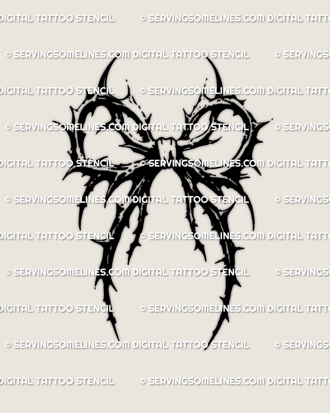 Dark thorn ribbon tattoo stencil shown as a downloadable product, heavy linework design for shoppers searching bold blackwork or dark goth tattoo ideas
