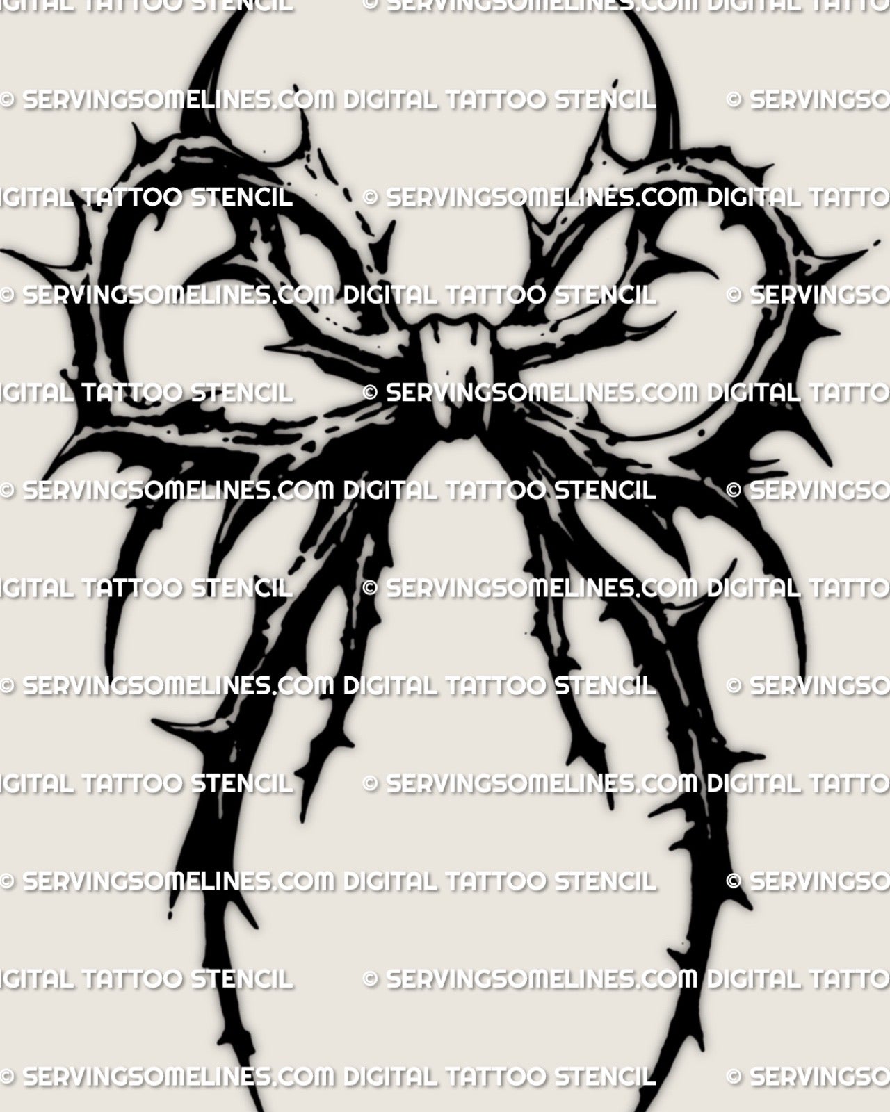Printable thorn ribbon tattoo stencil displayed as a product file, bold dark shapes suited for shoppers looking for strong blackwork or goth tattoo designs