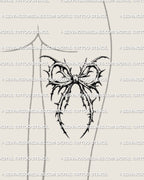 Thorn ribbon tattoo stencil shown on a woman’s back thigh placement, soft goth detailing with curved blackwork shaping the leg in an elegant vertical flow