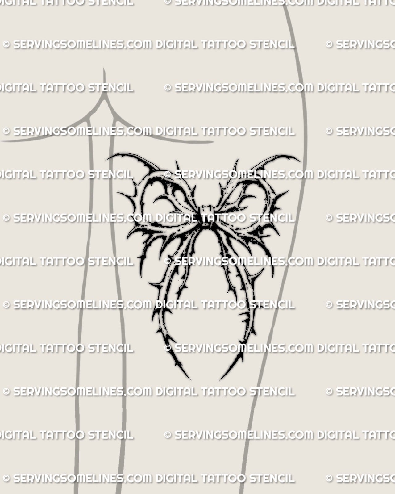 Thorn ribbon tattoo stencil shown on a woman’s back thigh placement, soft goth detailing with curved blackwork shaping the leg in an elegant vertical flow