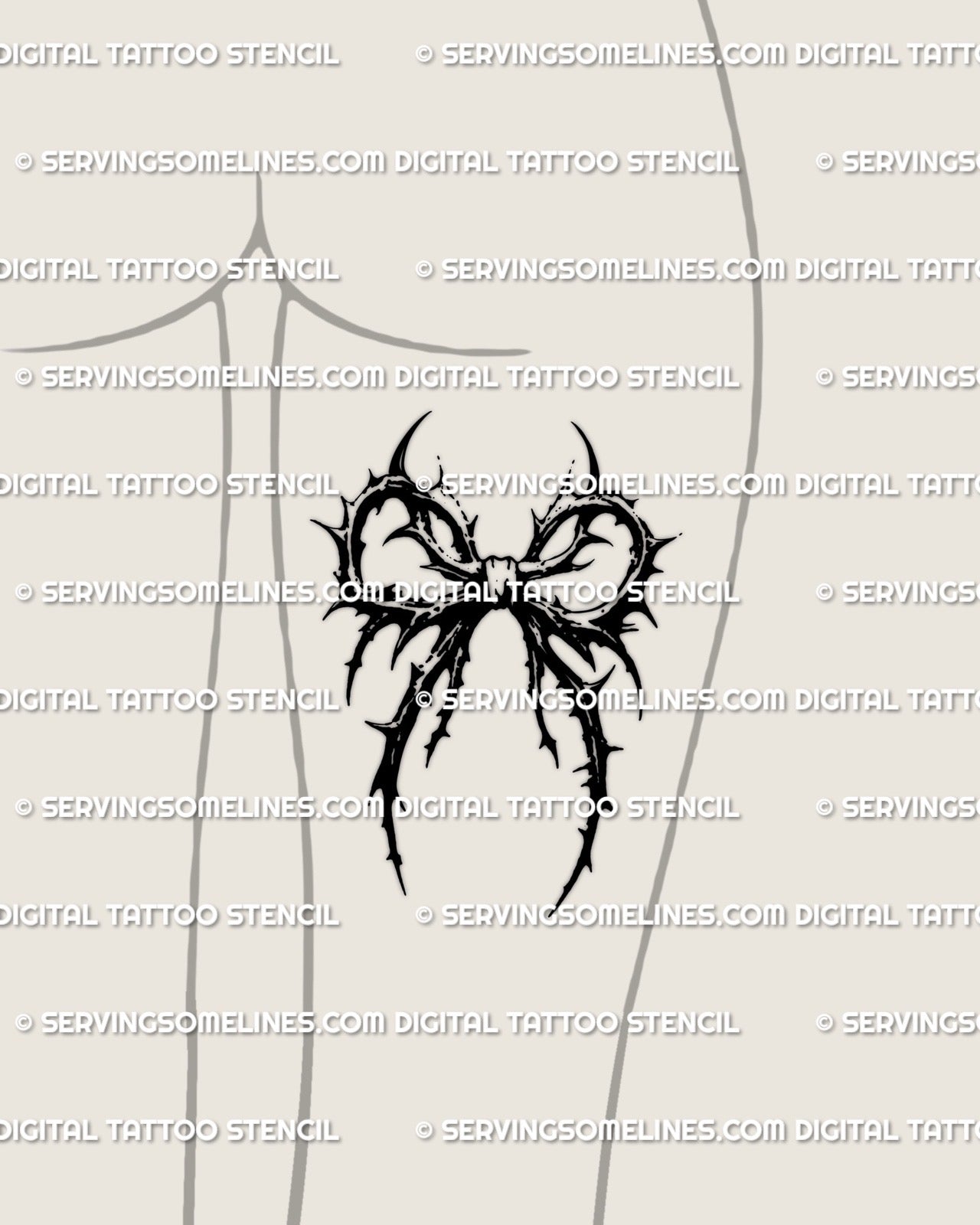 Thorn ribbon tattoo stencil shown on the back of a woman’s thigh, dark barbed style offered as a printable product for people wanting gothic tattoo designs