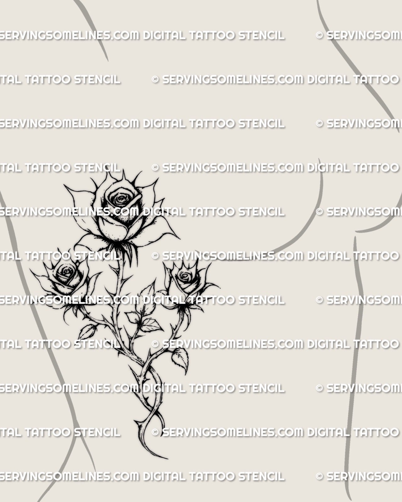 Rose bouquet tattoo stencil shown on side rib placement, fine line thorn rose linework for feminine gothic tattoo styles