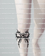 Thorn rose tattoo shown under knee placement with a clear rose center and sharp gothic frame