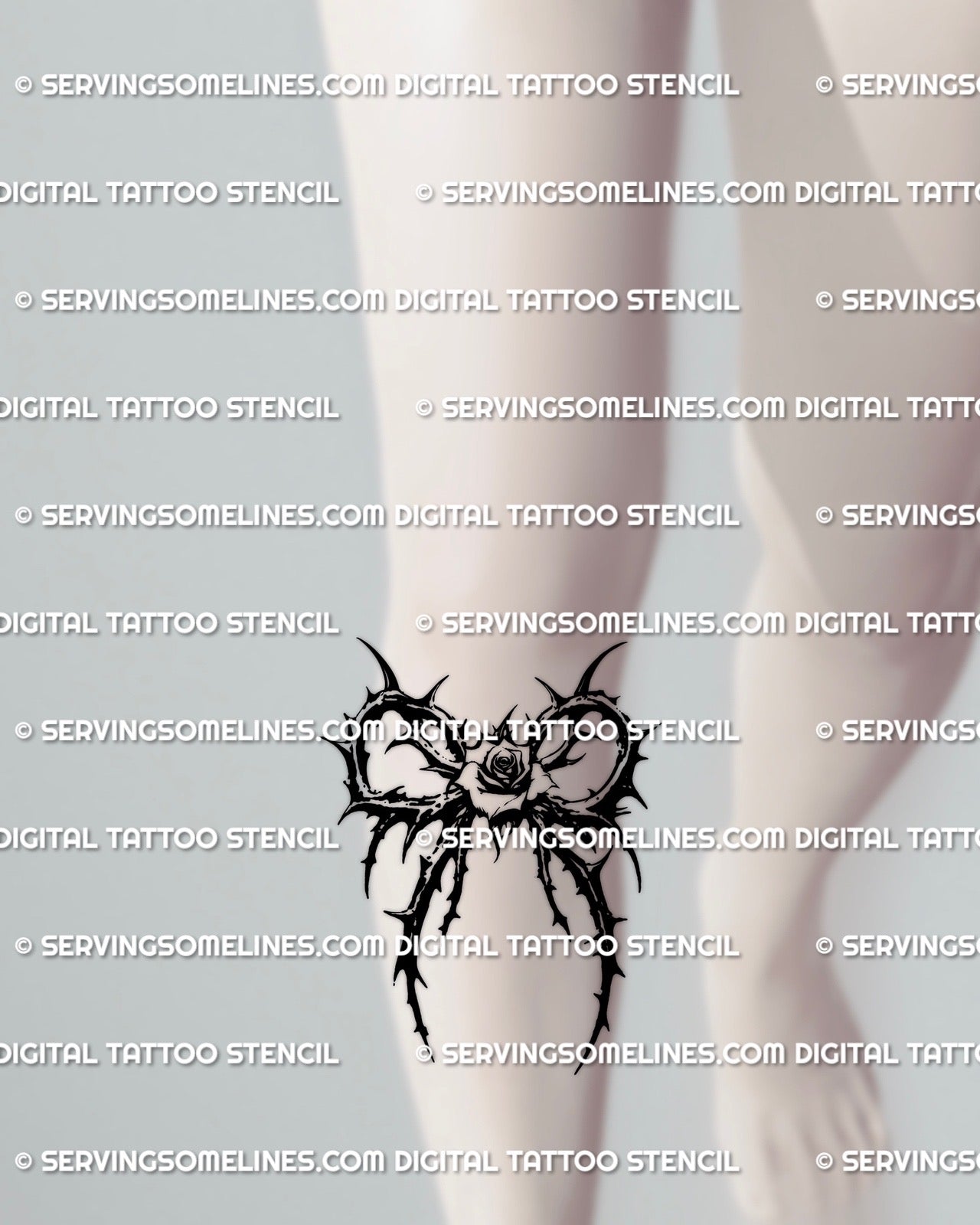 Thorn rose tattoo shown under knee placement with a clear rose center and sharp gothic frame