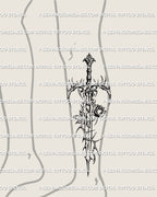 Thorn sword tattoo stencil shown on a lower leg placement, tall masculine design available as a digital product for men wanting dark gothic tattoo stencils