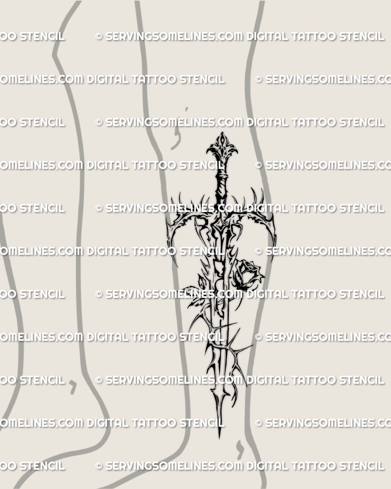 Thorn sword tattoo stencil shown on a lower leg placement, tall masculine design available as a digital product for men wanting dark gothic tattoo stencils