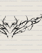 Floral vine tramp stamp tattoo design with subtle heart center, gothic botanical flow, and symmetrical thorn-vine ornament pattern.