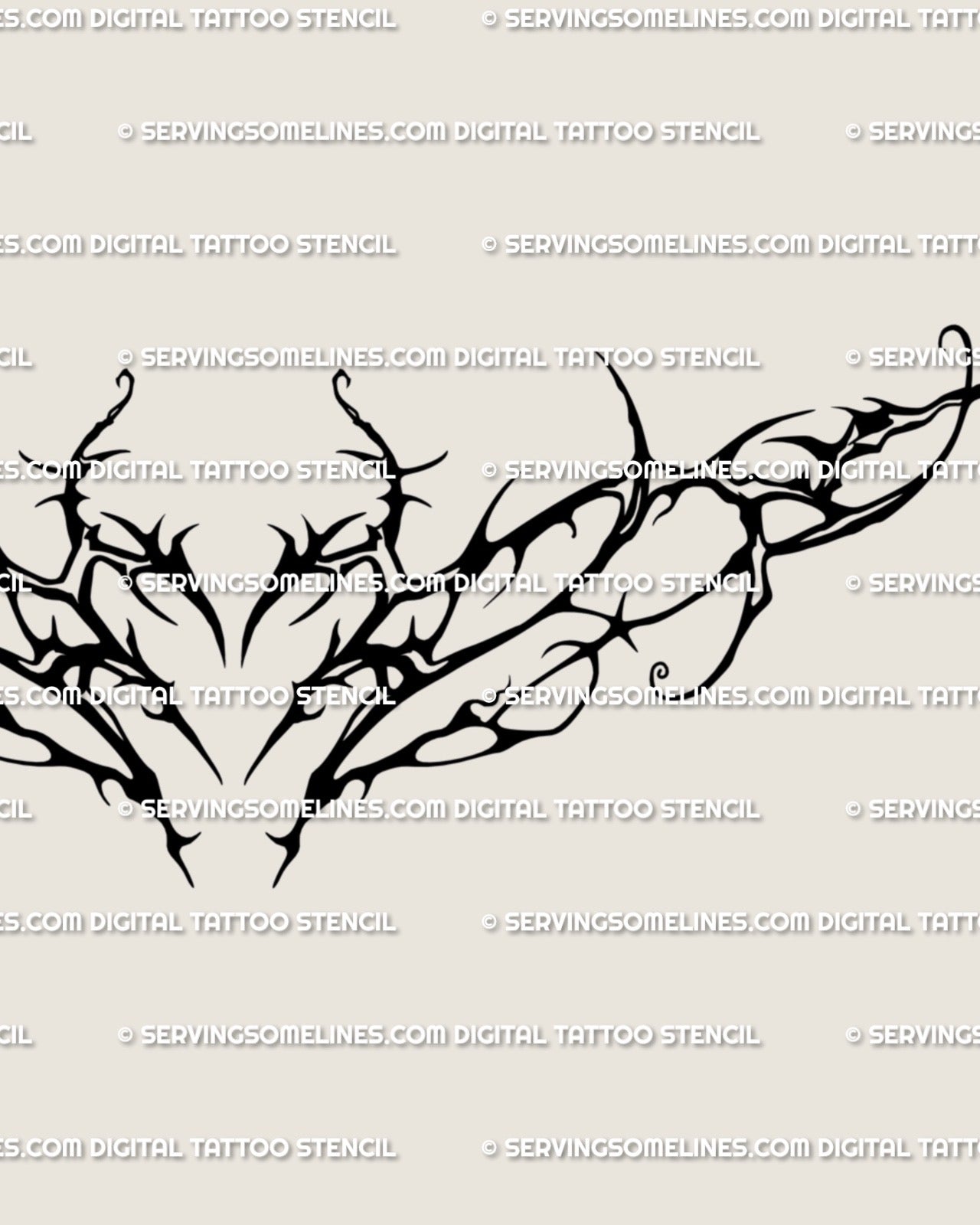 Floral vine tramp stamp tattoo design with subtle heart center, gothic botanical flow, and symmetrical thorn-vine ornament pattern.