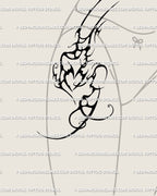 Feminine neotribal thorn-vine tattoo placed on the thigh side, elegant ornamental flow with spiky organic shapes and balance.