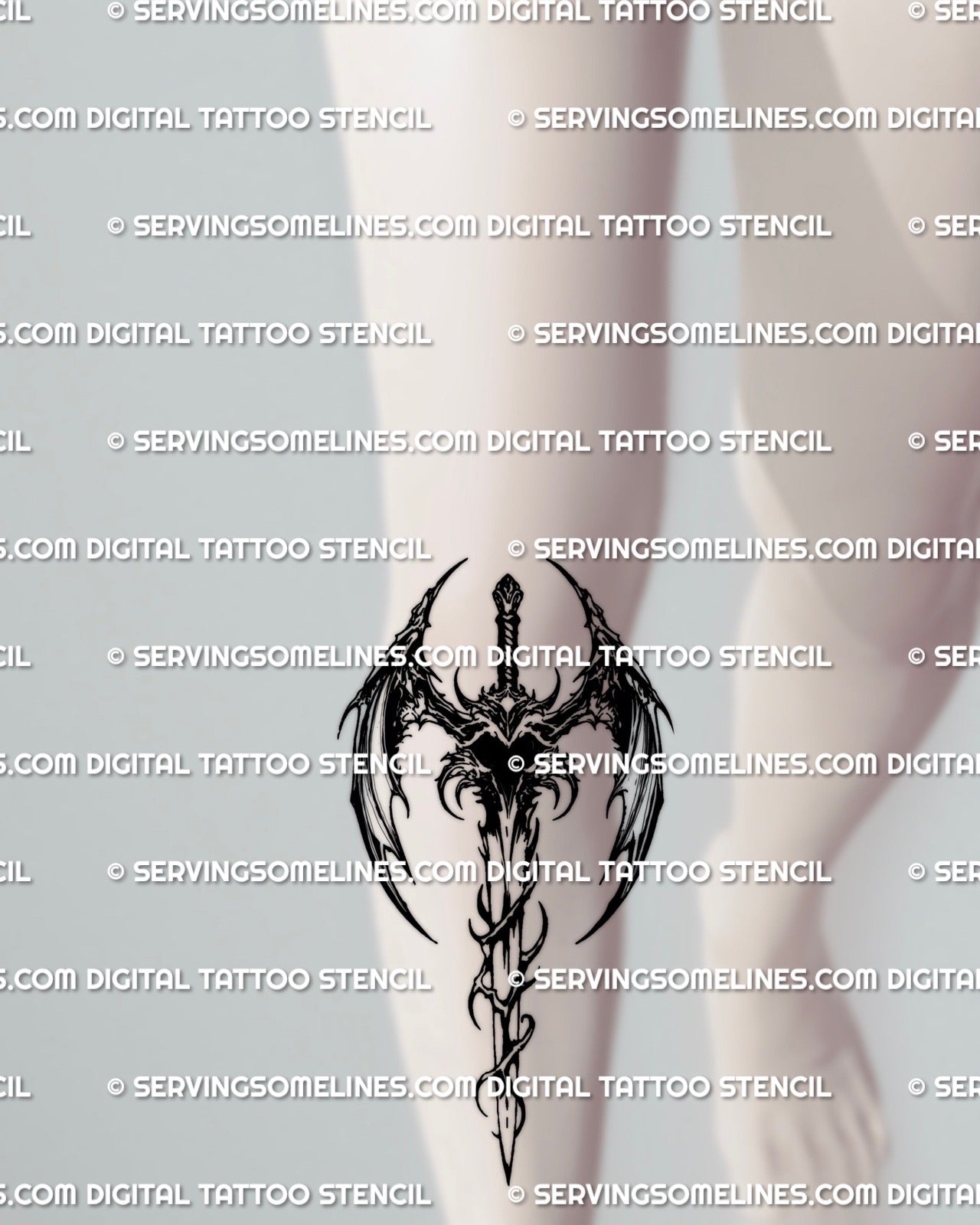 Thorn wrapped sword tattoo placed on shin, dark weapon style with bold blackwork and vertical silhouette