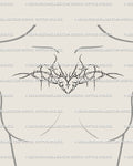 Thorn heart tattoo stencil on female chest/collarbone, clean cyber-sigil lines with subtle sparkles; witchy ornamental heart, sharp yet elegant.