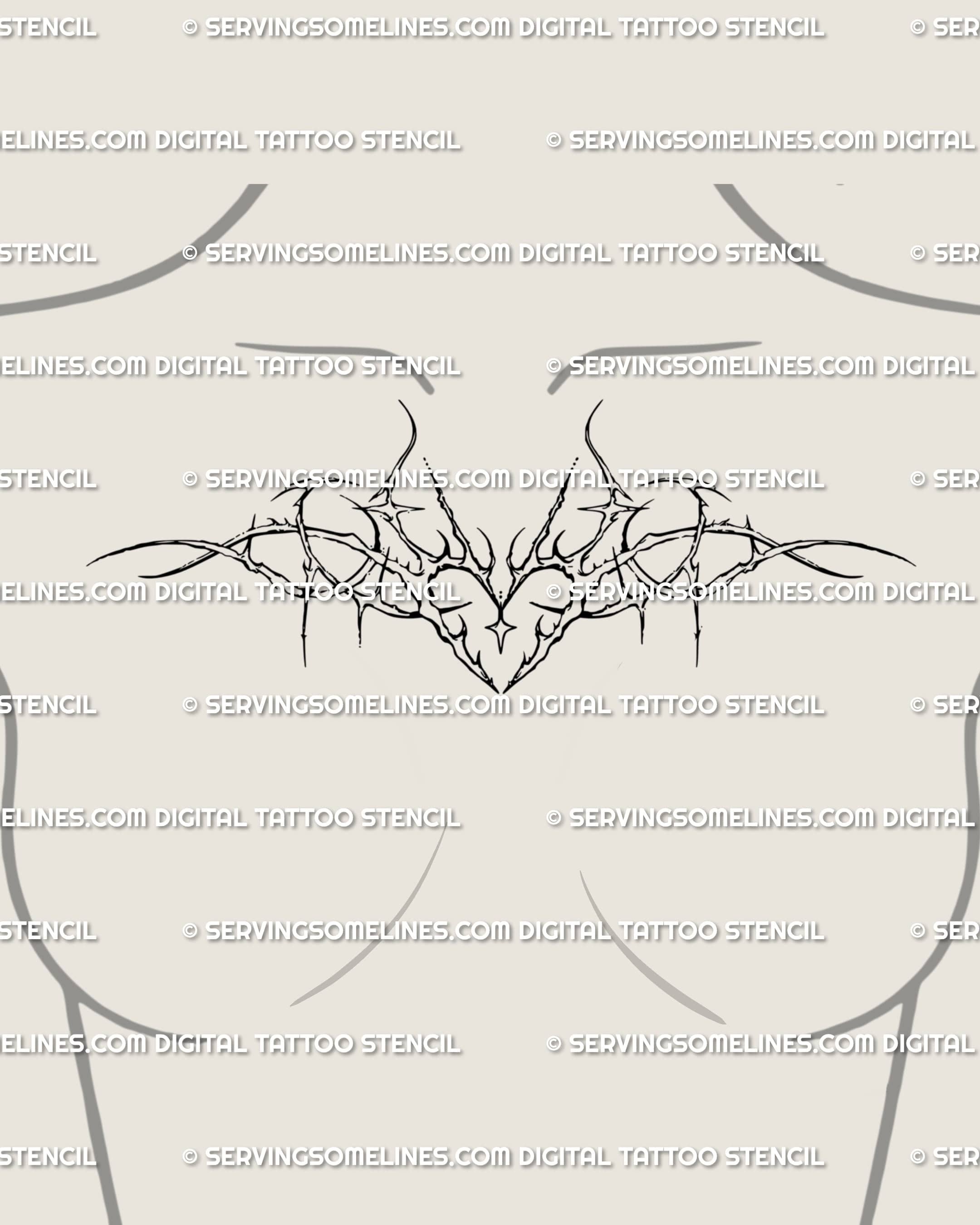 Thorn heart tattoo stencil on female chest/collarbone, clean cyber-sigil lines with subtle sparkles; witchy gothic heart, sharp yet elegant.