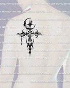 Thorned gothic cross tattoo stencil shown on mens shoulder placement with bold blackwork contrast.