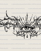 Close detail of the thorned gothic eye tattoo, showing the central eye, lower drop, spikes, and curved linework.