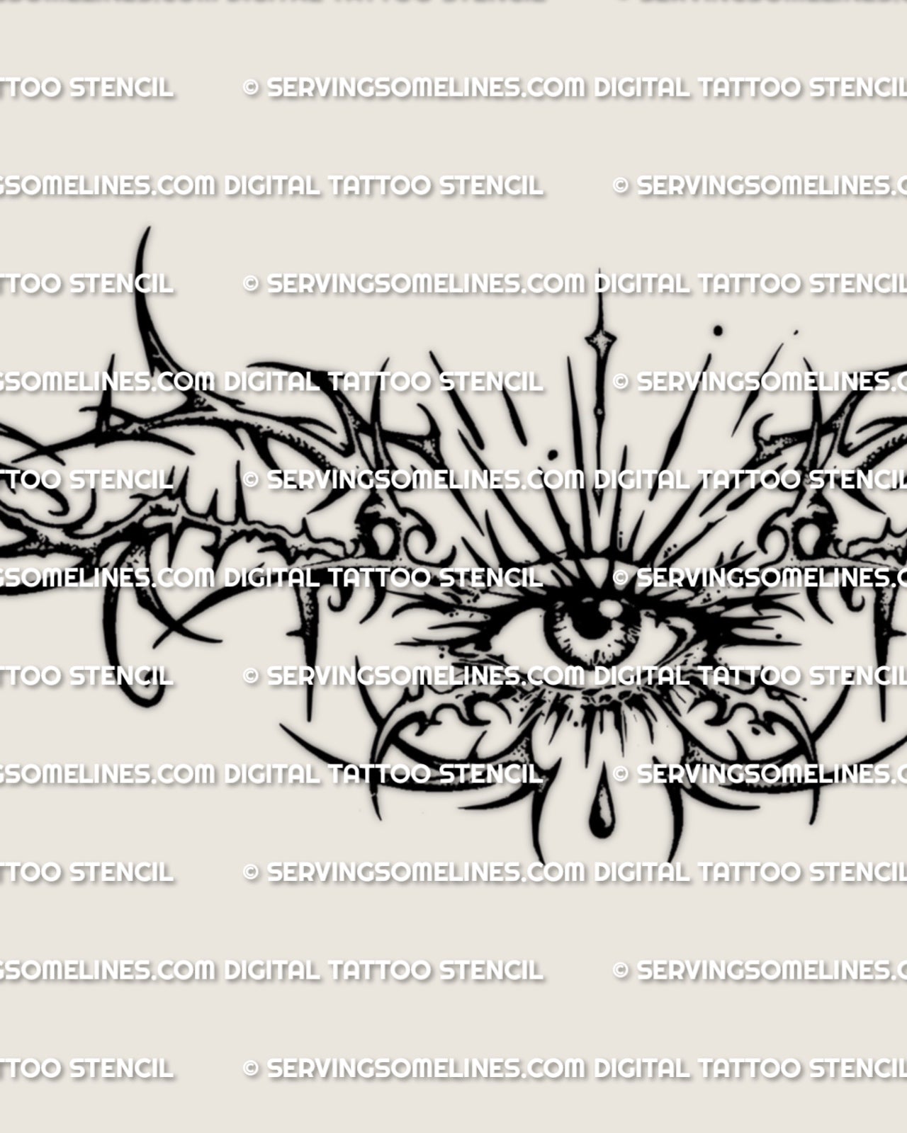 Close detail of the thorned gothic eye tattoo, showing the central eye, lower drop, spikes, and curved linework.