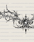 Close detail of the gothic lower back tattoo design, showing thorned edges, center jewel detail, and pointed linework.