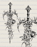 Thorned gothic sword with rose tattoo stencil offered as a printable file, clean masculine linework for guys looking for gothic dagger style tattoos