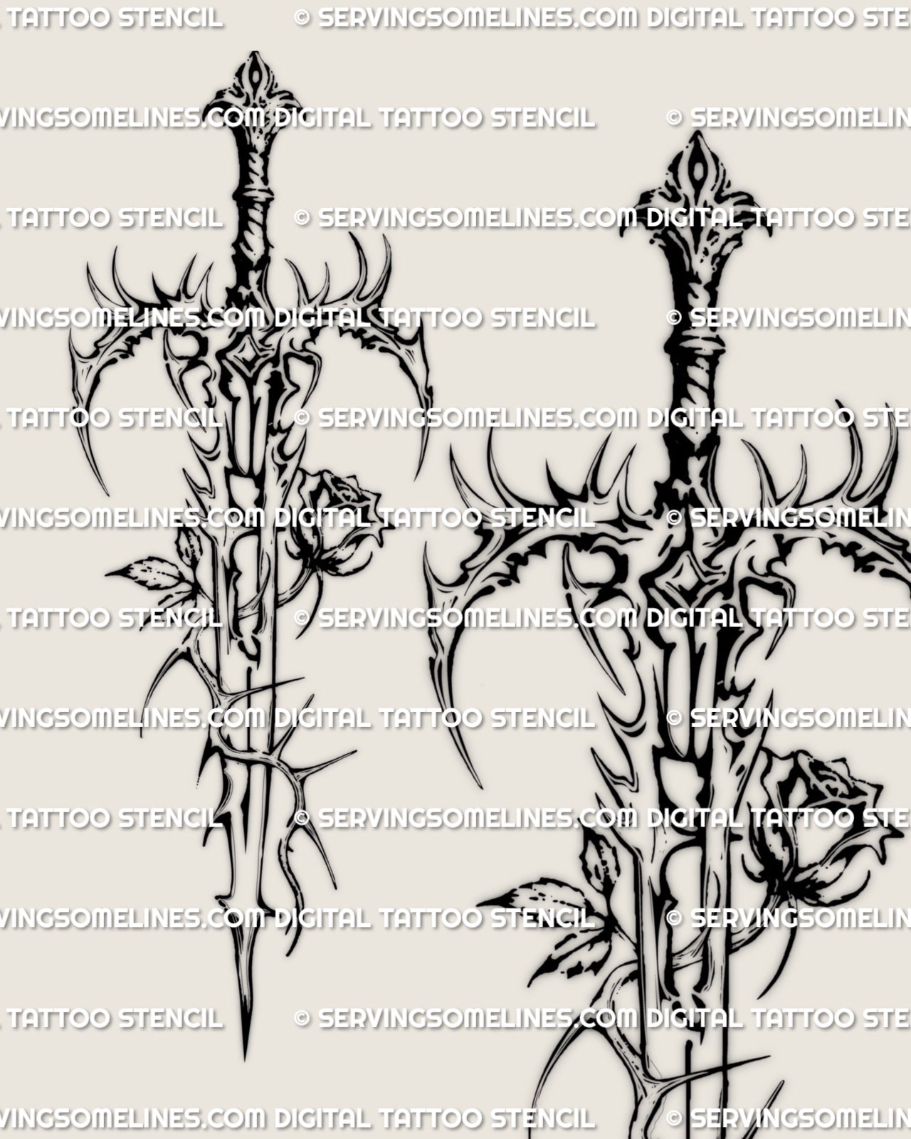 Thorned gothic sword with rose tattoo stencil offered as a printable file, clean masculine linework for guys looking for gothic dagger style tattoos
