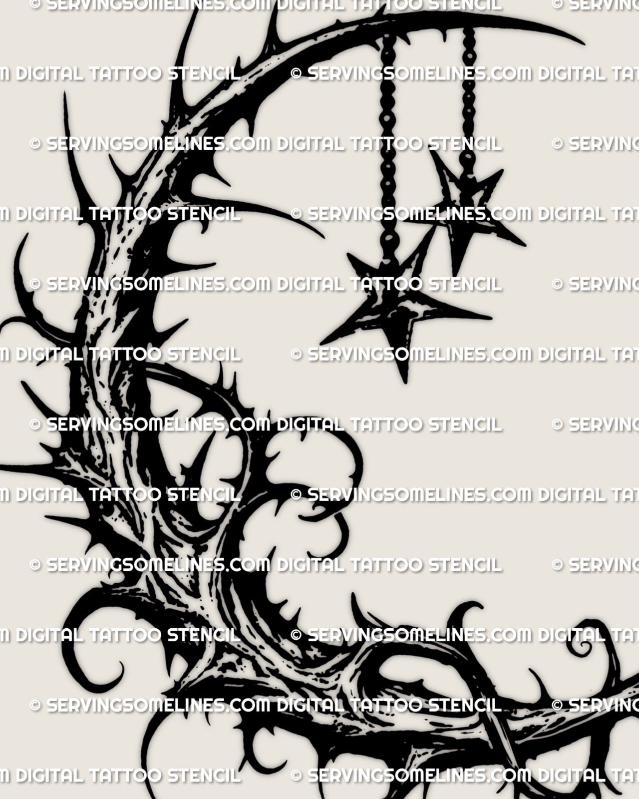 Close detail of thorned crescent moon and dangling star elements, blackwork tattoo stencil showing sharp edges and negative space.