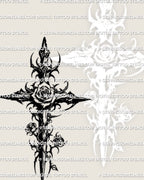 Thorned rose cross gothic tattoo stencil designed as a digital tattoo product, clean vertical composition suitable for chest, back, or arm placement.
