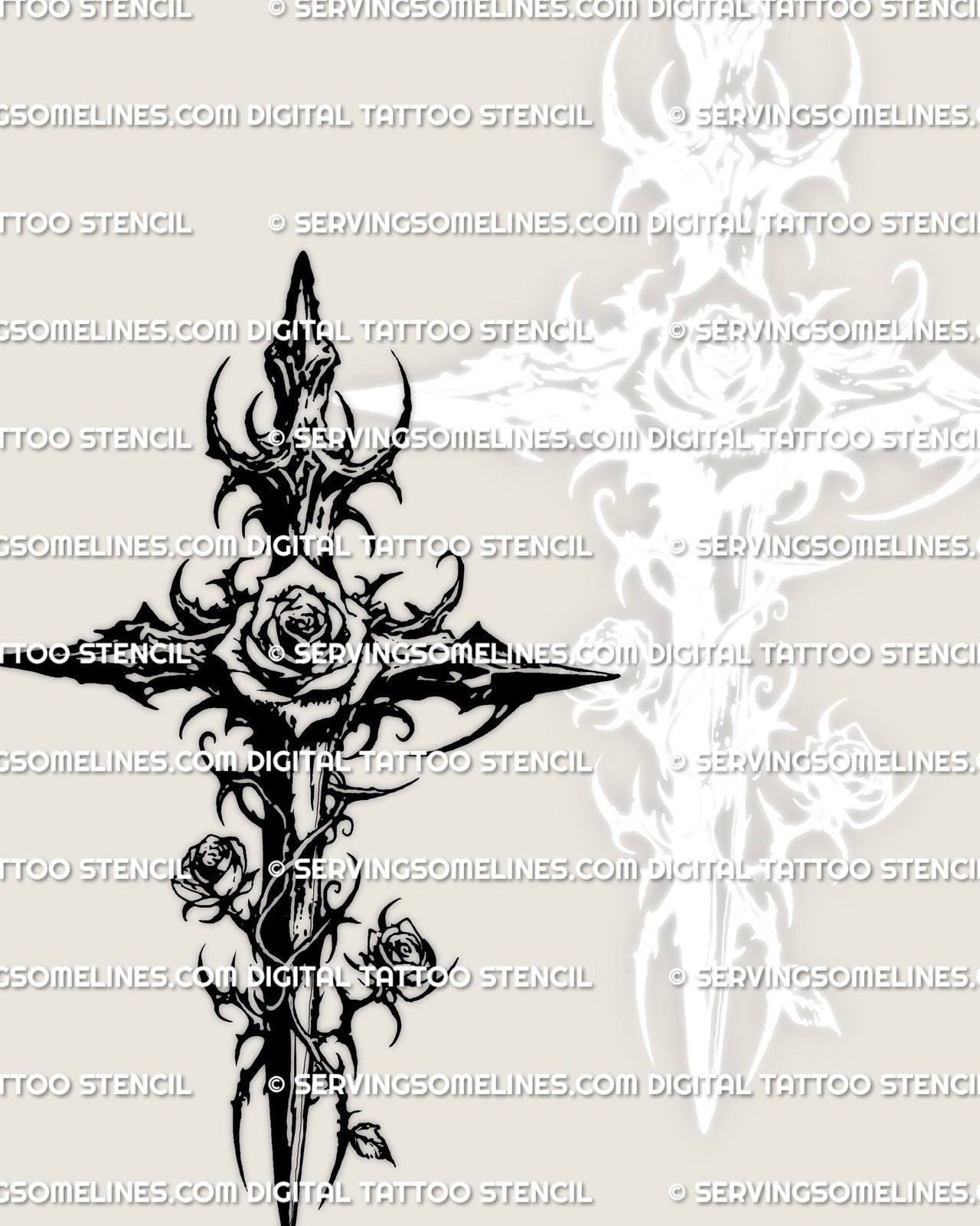 Thorned rose cross gothic tattoo stencil designed as a digital tattoo product, clean vertical composition suitable for chest, back, or arm placement.