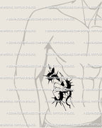 Men’s ribs placement of witch hand holding snake tattoo design, thorned serpent blackwork line art digital stencil.