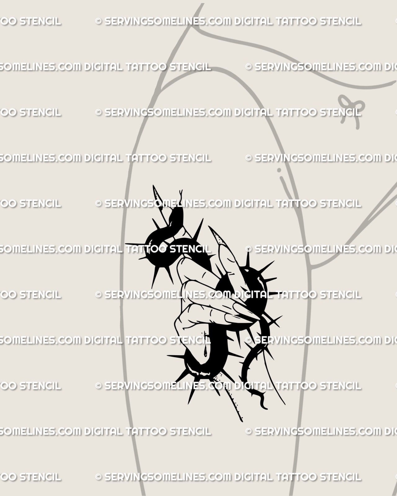 Front thigh tattoo of thorned snake held by witch hand, feminine blackwork serpent design ready to print.