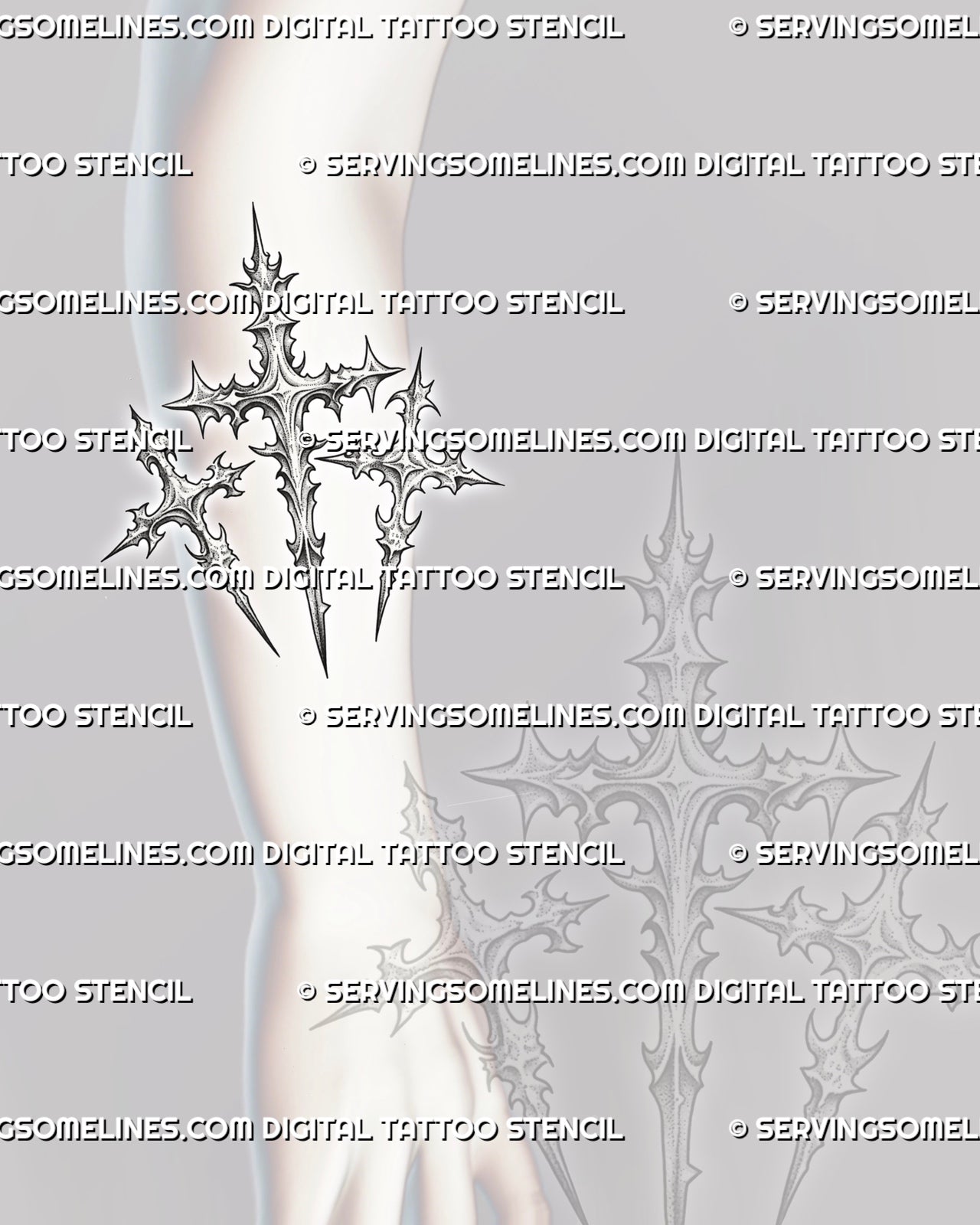 Three cross tattoo stencil shown on forearm placement, 3 cross tattoo Calvary layout, clean lines for stencil transfer.