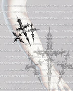 Three cross tattoo stencil shown on forearm placement, 3 cross tattoo Calvary layout, clean lines for stencil transfer.