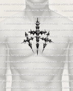 Three cross tattoo stencil displayed on mens chest center placement, christian calvary cross stencil file look.