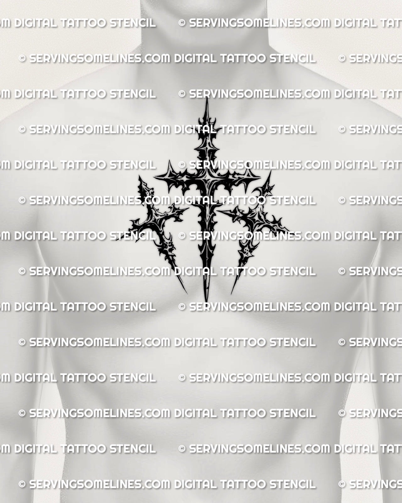 Three cross tattoo stencil displayed on mens chest center placement, christian calvary cross stencil file look.