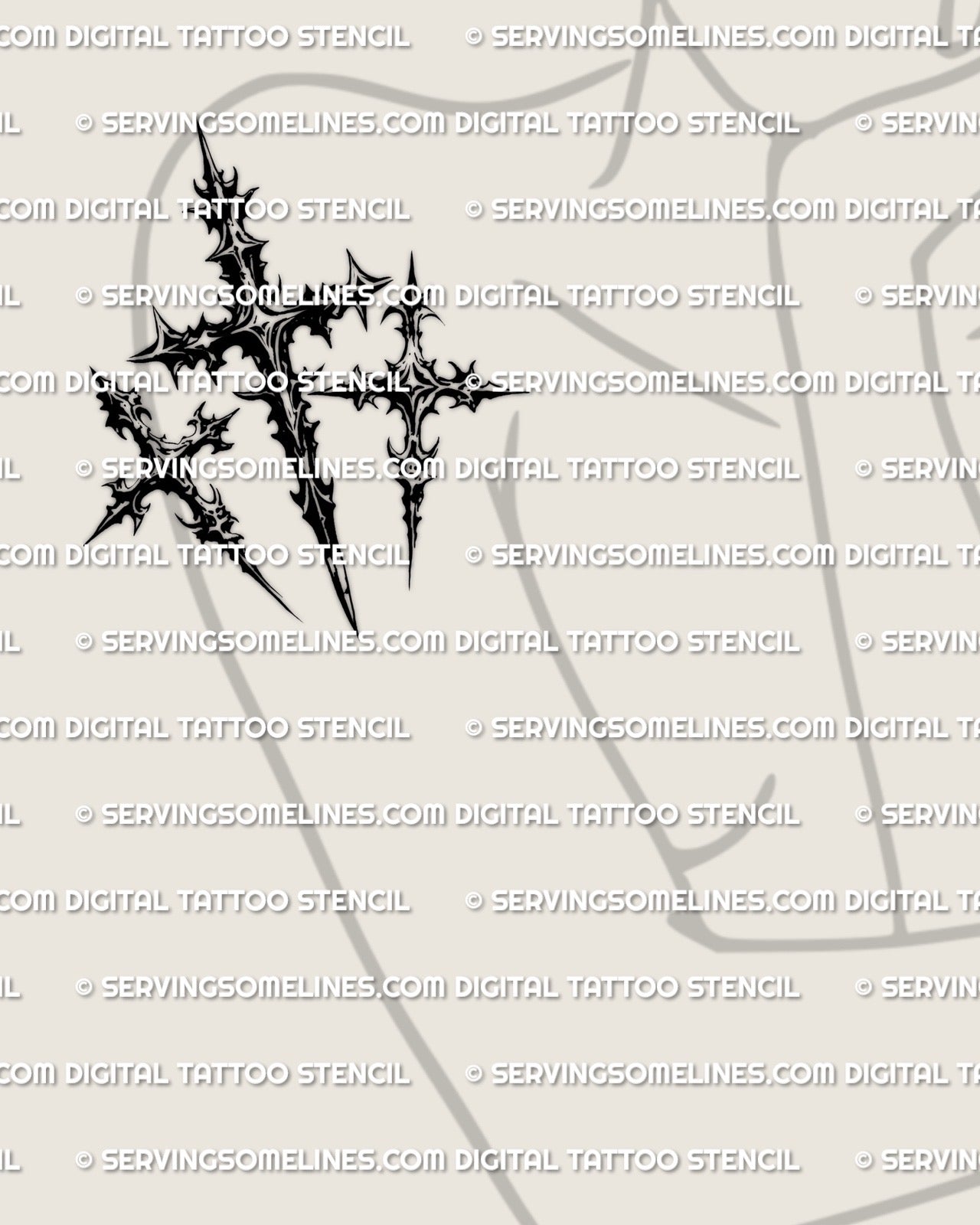 Three cross tattoo stencil shown on womens arm placement, 3 cross tattoo Calvary motif, crisp stencil-ready lines.