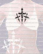 Three cross tattoo stencil displayed on womens chest placement, calvary cross tattoo design, center statement piece.