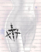 Three cross tattoo stencil displayed on womens hip placement, 3 crosses tattoo Calvary theme, clean transfer shape.