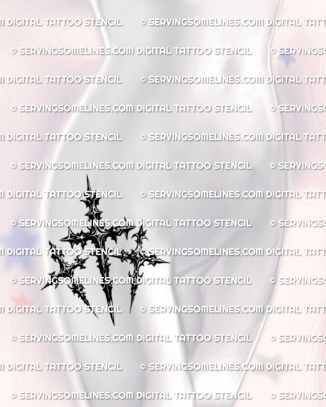 Three cross tattoo stencil displayed on womens hip placement, 3 crosses tattoo Calvary theme, clean transfer shape.