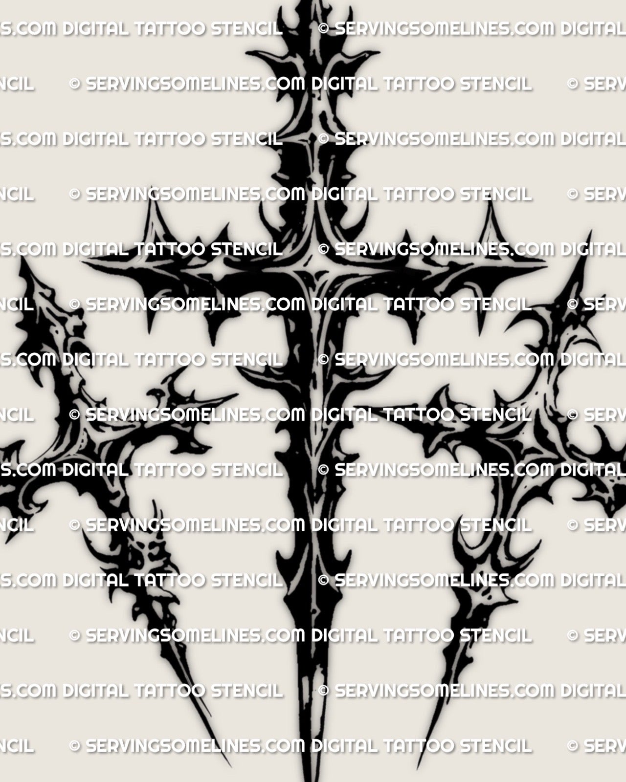 Close-up of three crosses tattoo stencil download design, sharp points, calvary cross tattoo design detail.