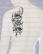 Three eyes stencil shown on men’s shoulder blade placement example, cyber sigil stacked eye tattoo download files.