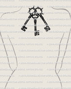 Three keys tattoo stencil displayed on back of neck center placement example, triple key tattoo with spiked rings.