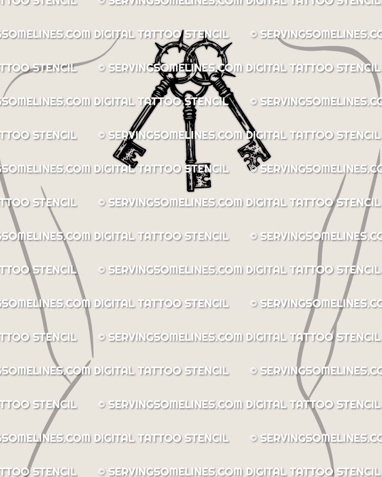Three keys tattoo stencil displayed on back of neck center placement example, triple key tattoo with spiked rings.
