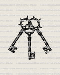 Three keys tattoo stencil shown as a clean design, interlocking keys with barbed halo rings and bold blackwork contrast.