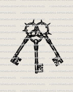Three keys tattoo stencil shown as a clean design, interlocking keys with barbed halo rings and bold blackwork contrast.