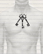 Three keys tattoo stencil displayed on mens chest center placement example, triple key silhouette with spiked ring halos.