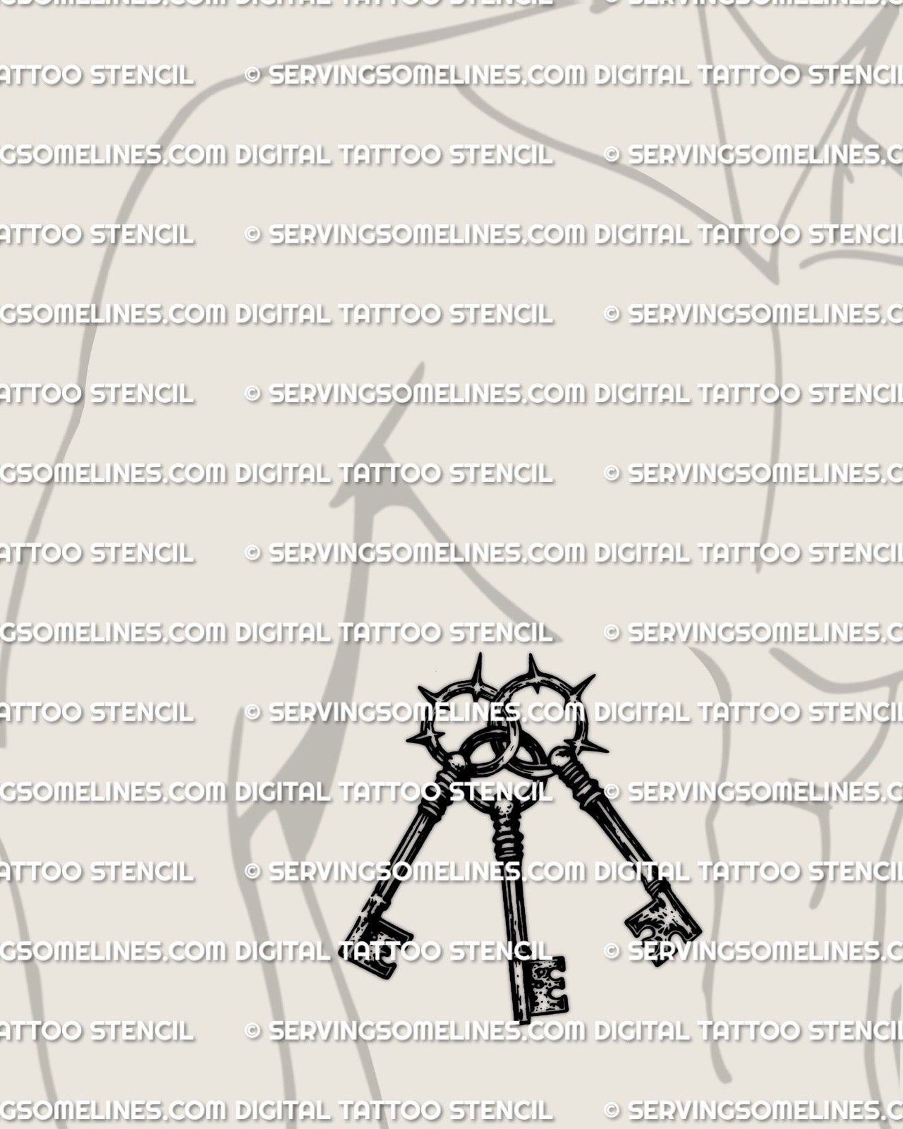 Three keys tattoo stencil displayed on mens side ribs placement example, interlocking keys tattoo with barbed ring halos.
