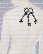 Interlocked three keys tattoo stencil displayed on mens upper back placement example, triple key tattoo with spiked rings.