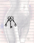 Triple key tattoo stencil displayed on womens hip placement example, three keys linked with spiked ring halos at the top.