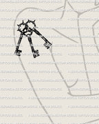 Three keys tattoo stencil displayed on womens shoulder placement example, interlocking keys tattoo with barbed halo rings.